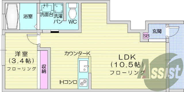1LDK、南向き、バストイレ別、エアコン付き