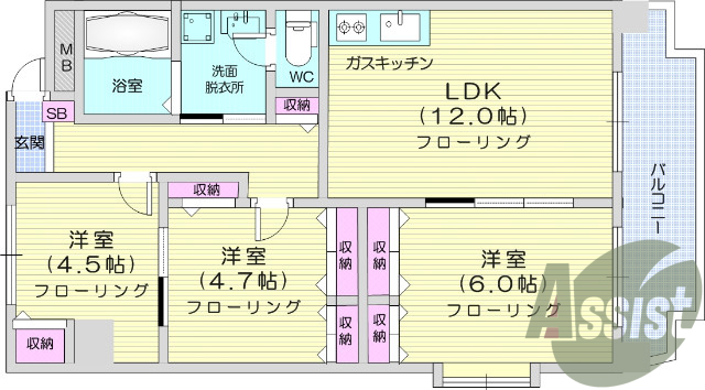 3LDK、追い炊き、エアコン、クローゼット、独立洗面台