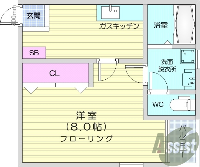 1K、独立洗面台、カメラ付インターホン、南向き、バストイレ別