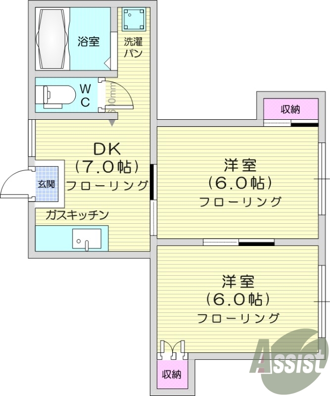 2DK、バストイレ別、都市ガス、ペット相談可、女性のみ