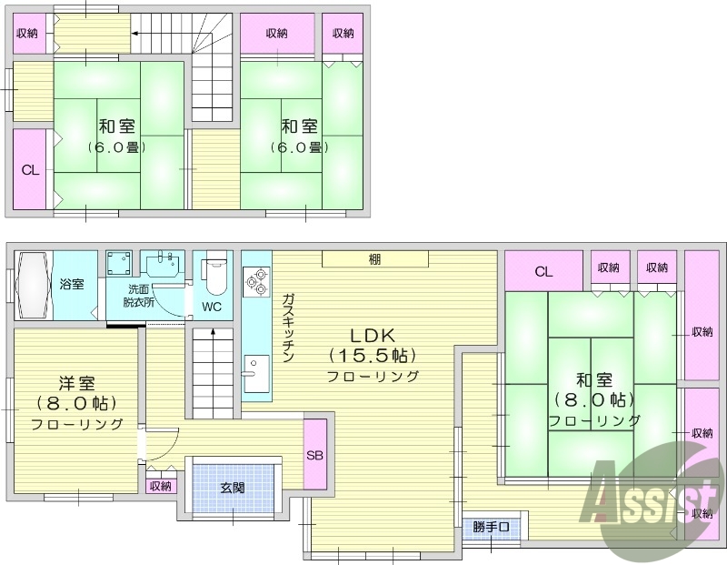 4LDK、都市ガス、戸建て、無料駐車場、楽器相談可