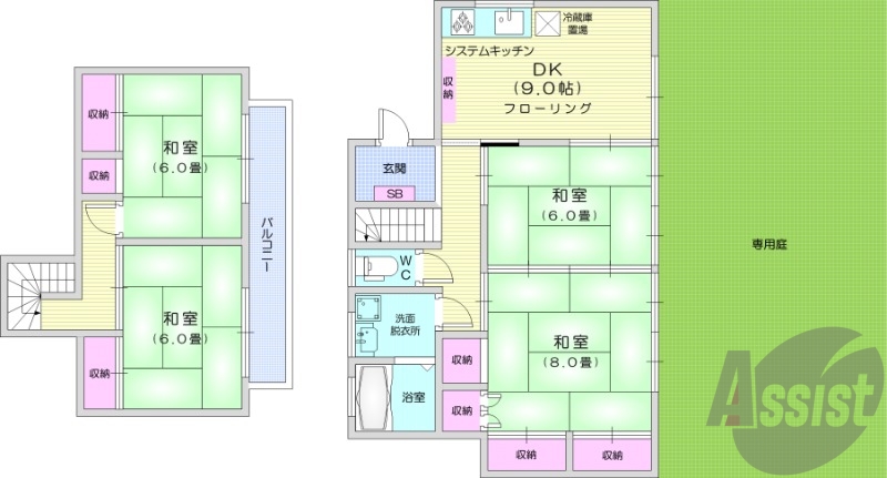4DK、戸建て、専用庭、システムキッチン。