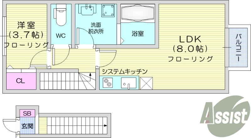 1LDK、バルコニー、浴室乾燥機、追い焚き給湯、IHコンロ