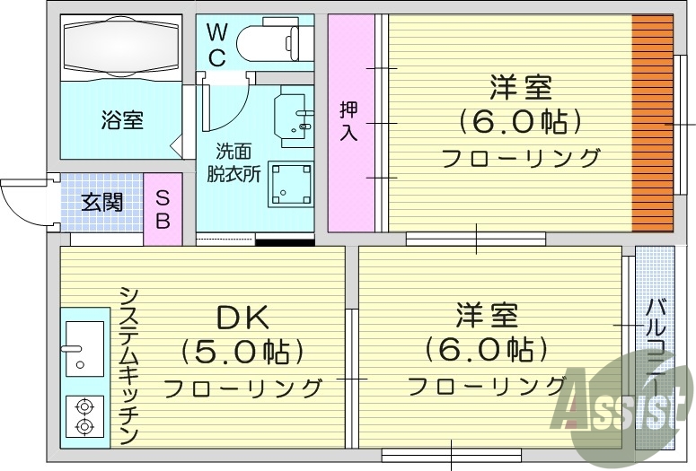2DK、バルコニー、システムキッチン、南東向き