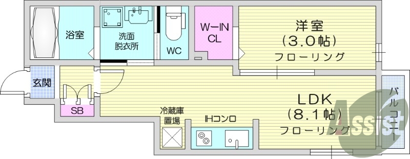 1LDK　IHコンロ　インターネット無料　浴室乾燥機