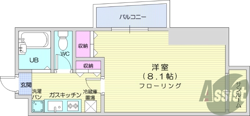 1K、洋室8.1帖、2口コンロ、サンルーム付き