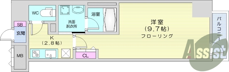 1K、洋室9.7帖、2口IHクッキングヒーター