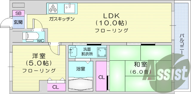 2LDK、エアコン、バストイレ別、オートロック