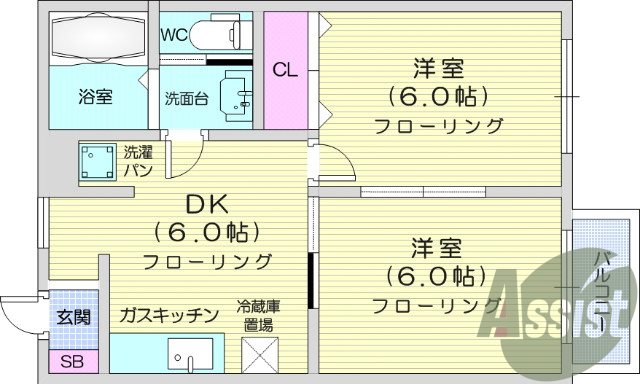 ２ＤＫ、日当たり良好、バストイレ別、追い焚き、洗面台あり