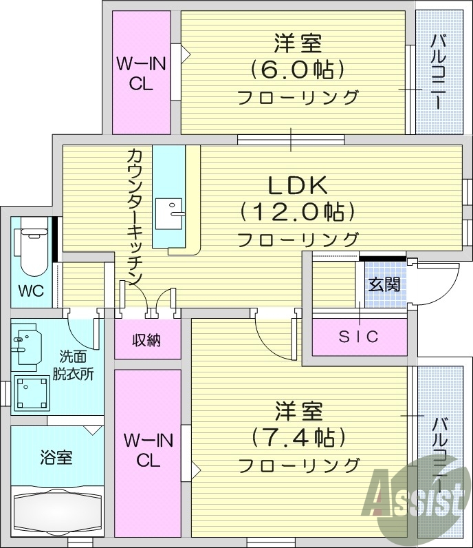 2LDK、ウォークインクローゼット、インターネット無料。