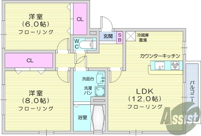 2LDK、オートロック、エアコン2台、物置付き