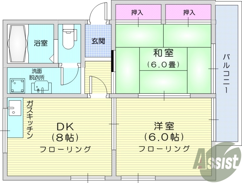 2DK、フローリング、和室、追い焚き機能付給湯器