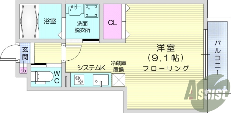 ワンルーム、フローリング、追い焚き機能付給湯器