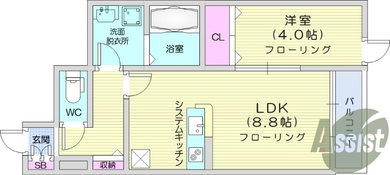 1LDK、フローリング、カウンターキッチン