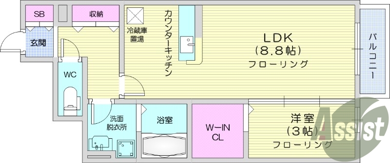 1LDK、フローリング、浴室乾燥機、モニター付きインターホン