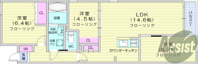 3LDK、オートロック、ネット無料、追い焚き、IHコンロ