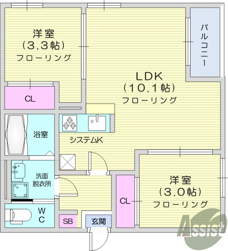 2LDK　都市ガス　システムキッチン　ネット無料　追い焚き