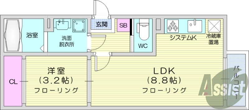 1LDK　都市ガス　システムキッチン　ネット無料　追い焚き