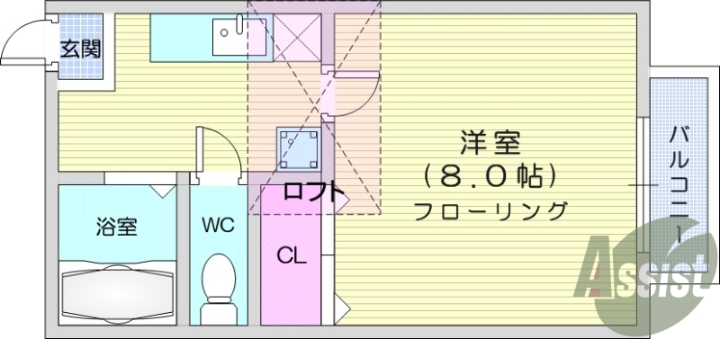 1K、ロフト付き、エアコン、インターホン、日当たり良好