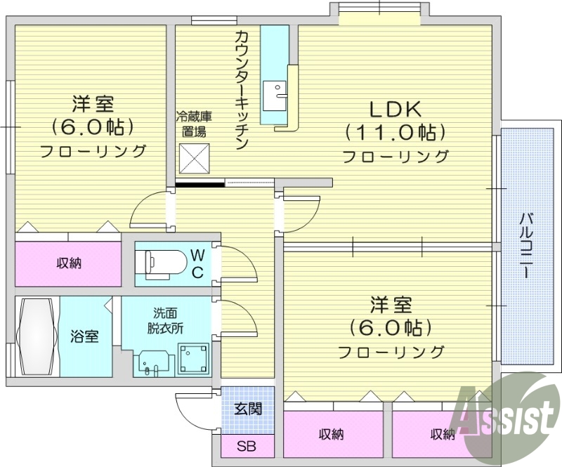 2LDK、防犯カメラ、宅配ボックス、温水洗浄便座。