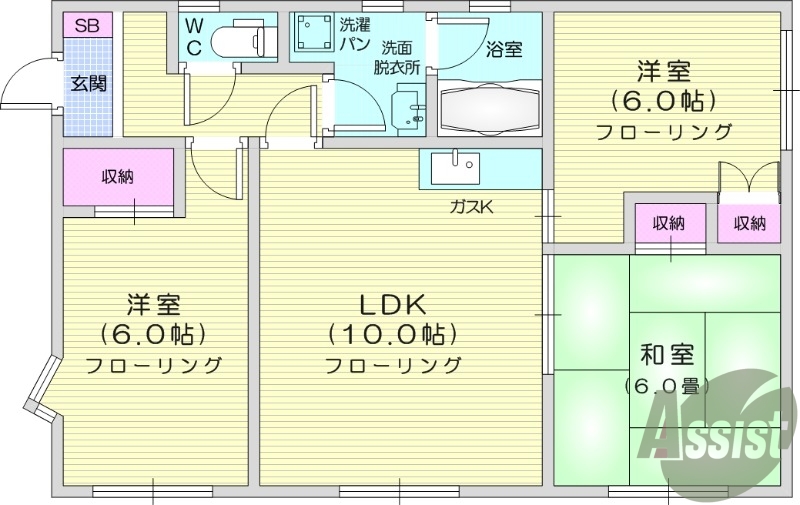 3LDK、駐車場2台無料、追炊き、独立洗面台、TVインフォ