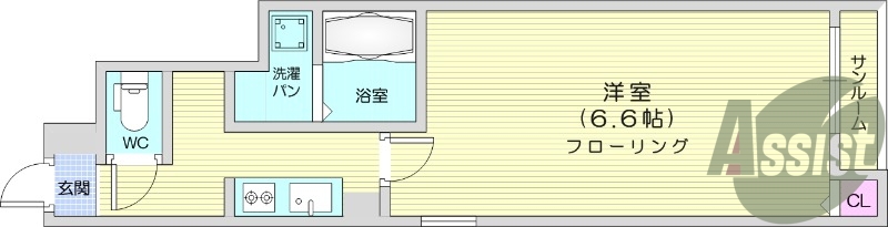 1K、洋室6.6帖、24時間換気システム有り