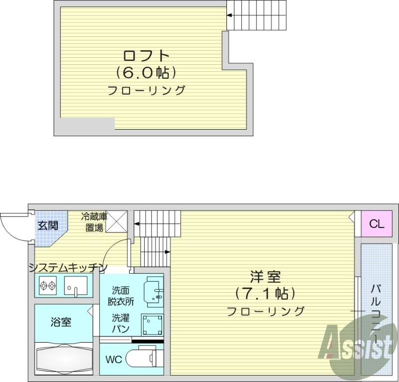 1K、ロフト付き、浴室乾燥機、洋室7.1帖