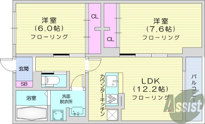 2LDK、エアコン、都市ガス、追い焚き、浴室乾燥機、収納