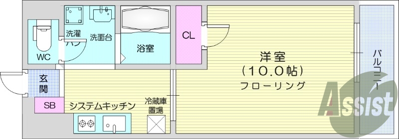 1K、独立洗面台、宅配BOX、都市ガス。