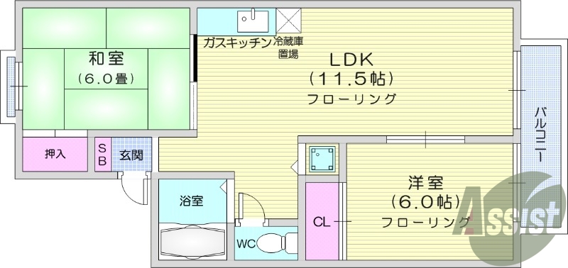 2LDK、バス・トイレ別、TV付きインターホン