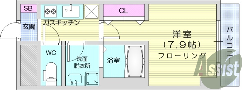 1K、エアコン、都市ガス、追い焚き、バストイレ別、収納
