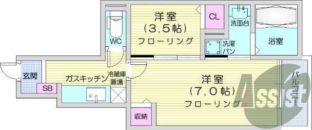1LDK、モニター付きインターホン、室内洗濯機置き場