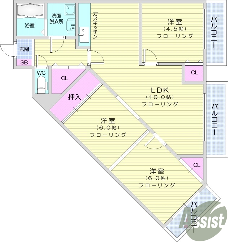 ３LDK、ウォシュレット機能付き、TV付インターホン。