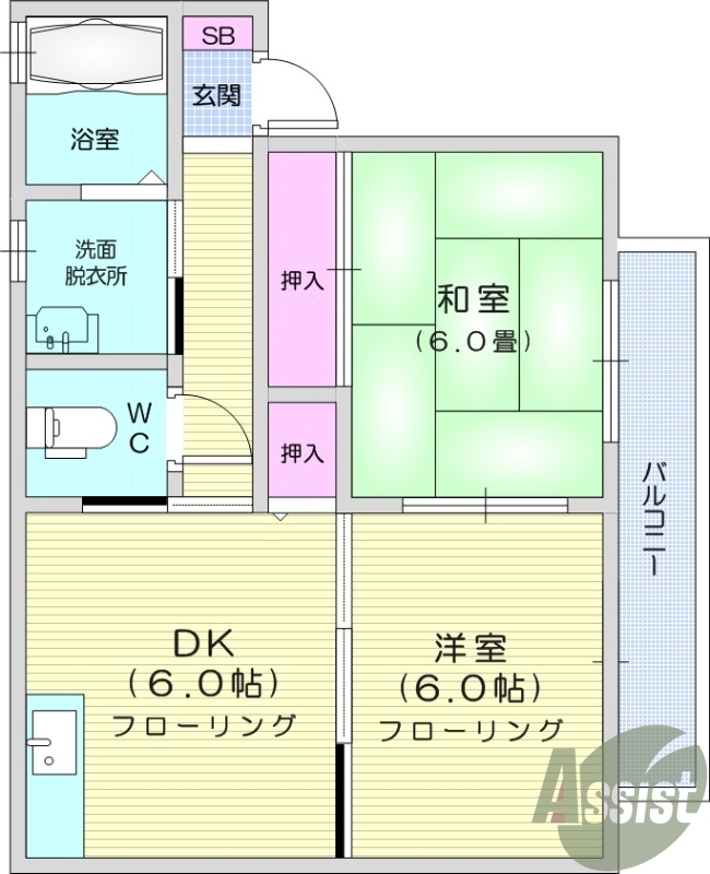 2DK、バストイレ別、温水洗浄便座付き、室内洗濯置場