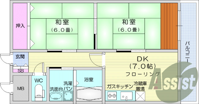 ２DK、エレベーターあり、都市ガス、インターネット対応