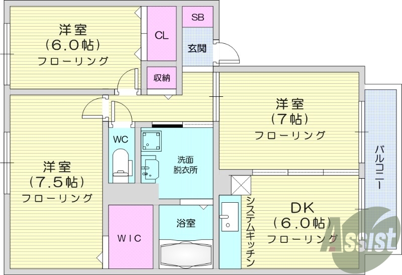 3DK、浴室乾燥機、追い焚き機能、エアコン。