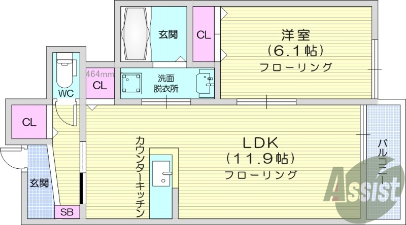 １LDK、バス・トイレ同室、温水洗浄便座、室内洗濯機置場