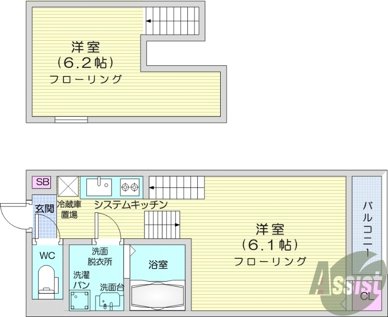 1K、ロフト6.2帖、インターネット使用料無料