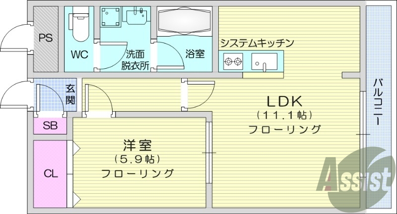 1LDK、システムキッチン、ウォシュレット、シャンドレ