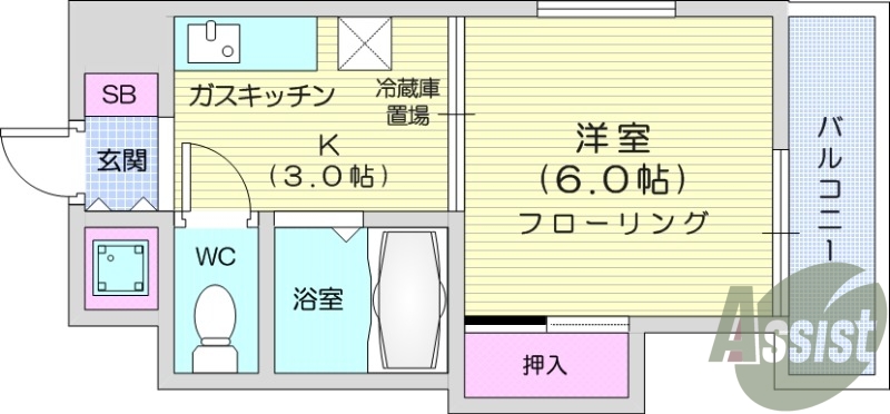 1K、都市ガス、インターネット無料、宅配ボックス