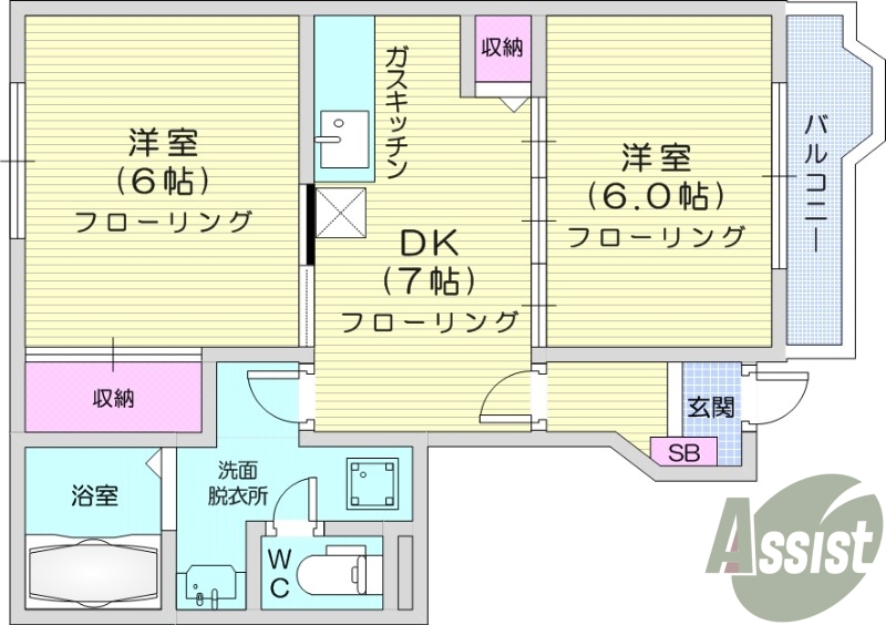 2DK、追炊き、独立洗面台、エアコン、TVインターフォン