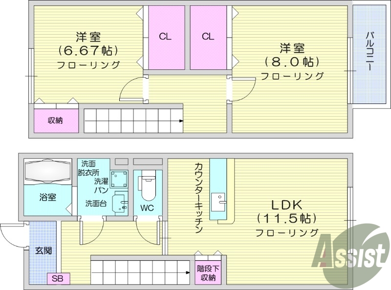 2LDK、メゾネット、駐車場2台無料、浴室乾燥、追炊き、BS