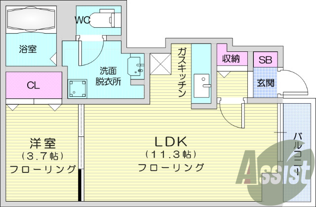 １LDK、追焚機能、浴室乾燥機、バストイレ別、南向き、給湯