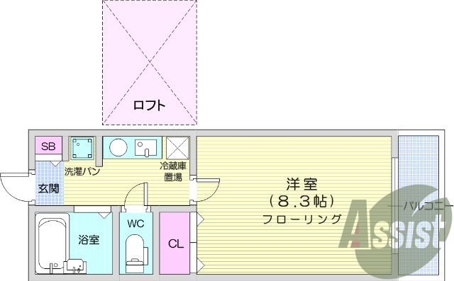 1K、エアコン、ロフト、バルコニー、風呂トイレ別