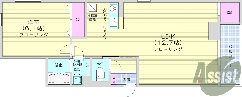 1LDK、浴室乾燥付き、追い焚き機能、床下収納あり