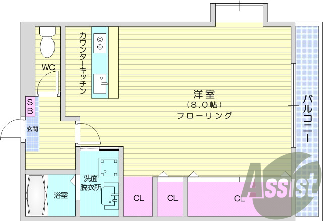 1K　カウンターキッチン　独立洗面台　バルコニー　