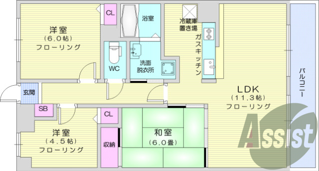 3LDK、エアコン、バストイレ別、モニター付きインターホン