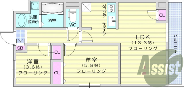 2LDK、エアコン、バストイレ別、シャンプードレッサー