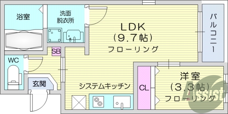 1LDK、オートロック、浴室乾燥機、エアコン。