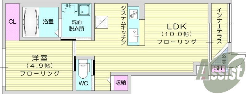 1LDK、システムキッチン、浴室乾燥、温水洗浄便座